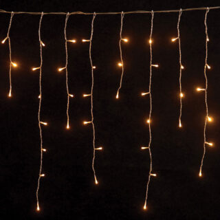 144 Led Σταθερή Ασύμμετρη Κουρτίνα Με Επέκταση Και Μετασχηματιστή Ip44, 300 x 70(h) cm, Διάφανο Καλώδιο / Θερμό (Amber) Λαμπάκι