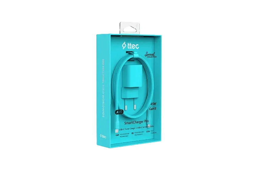 Φορτιστής TTEC SmartCharger GAN 45W PD Travel Fast Charger+ USB-C - USB-C 3A Cable Neon Blue
