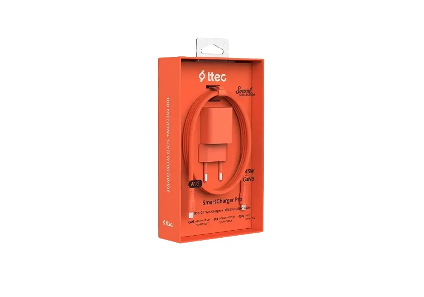 Φορτιστής TTEC SmartCharger GAN 45W PD Travel Fast Charger+ USB-C - USB-C 3A Cable Neon Orange