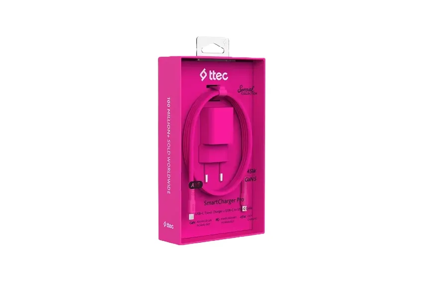 Φορτιστής TTEC SmartCharger GAN 45W PD Travel Fast Charger+ USB-C - USB-C 3A Cable Neon Pink