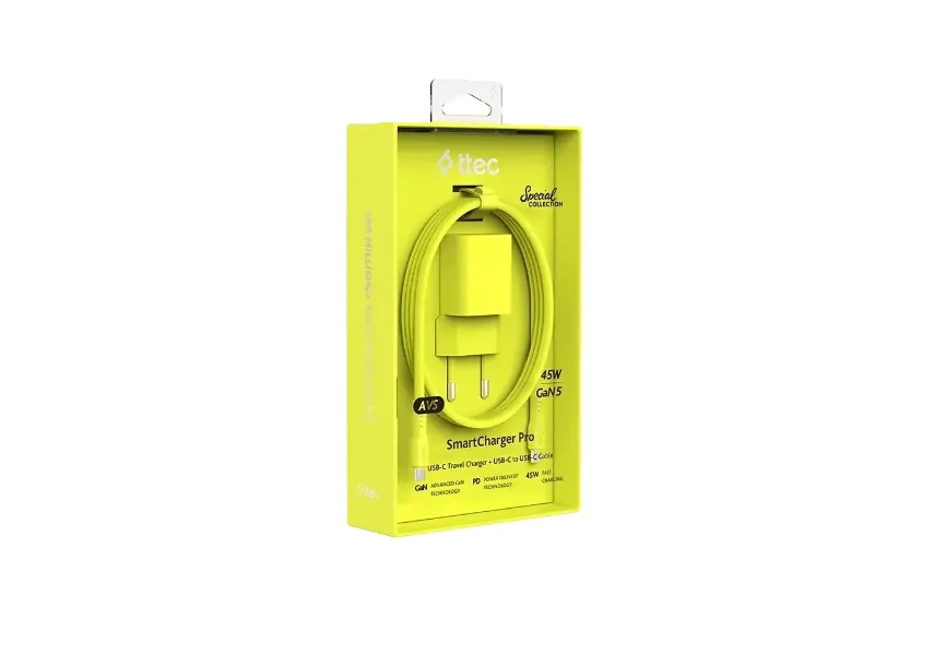 Φορτιστής TTEC SmartCharger GAN 45W PD Travel Fast Charger+ USB-C - USB-C 3A Cable Neon Yellow